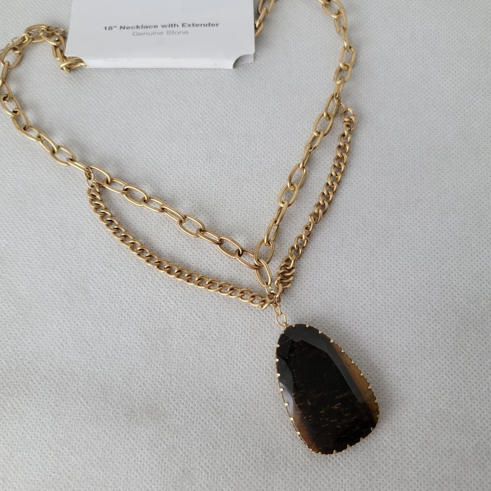 Tigers Eye Pendant Necklace Layered Chain Genuine Stone